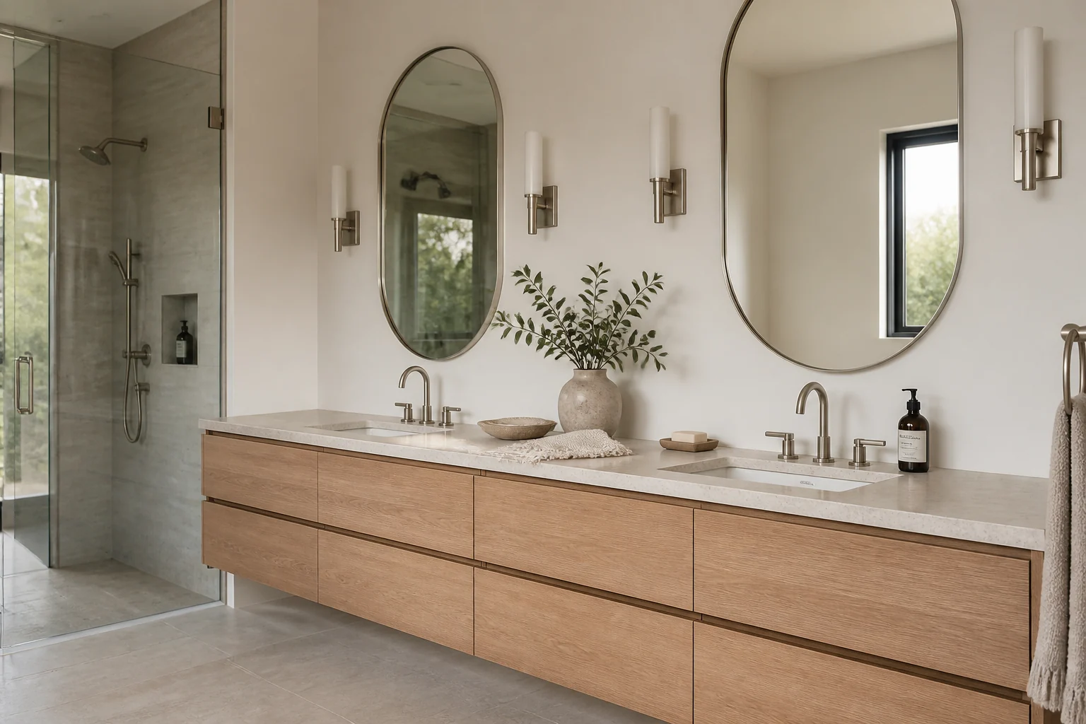 Bathroom renovation design concept with a floating oak vanity and glass shower